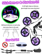 Black Lights for Glow Party! 115W Blacklight LED Strip kit. 4 UV Lights to Surround Your neon Party. Ultraviolet Lighting for Big Rooms. Easy Set up! Glow in The Dark Party Supplies. Halloween Decor