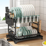 2 Tier Dish Drying Rack Set, 360 Degree Rotating Drainer,Rustproof Cutlery Rack for Kitchen Countertop with Draining Board, Cutting Board Holder, Cup Holder, Cutlery Rack