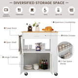 Kitchen Island Trolley, Rolling Kitchen Serving Trolley w/ 3 Spice Racks, Drawer, Open Shelf & Large Cabinet, Portable Workbench Utility Storage Cart w/ Towel Rack & 2 Lockable Casters, White