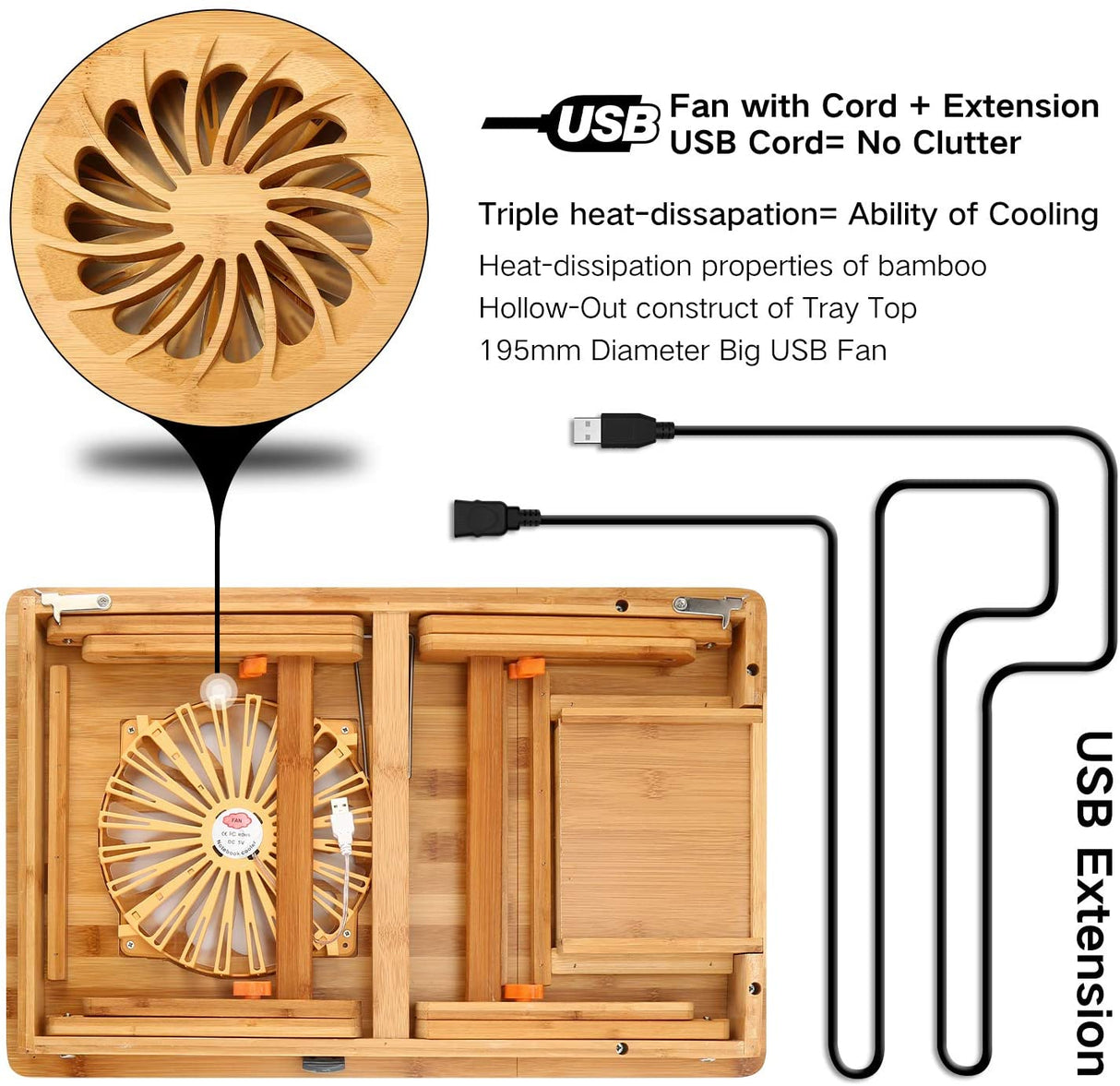 Laptop Desk Adjustable Laptop Desk Table 100% Bamboo with USB Fan Foldable Breakfast Serving Bed Tray w' Drawer