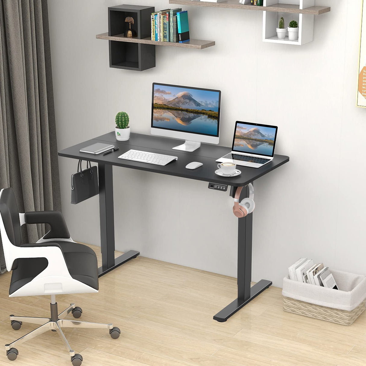 Electric Height Adjustable Standing Desk 110x60cm (43.3"x23.6"), Sit Stand Desk with Splicing Top for Home Office (Black Frame + Black Desktop)