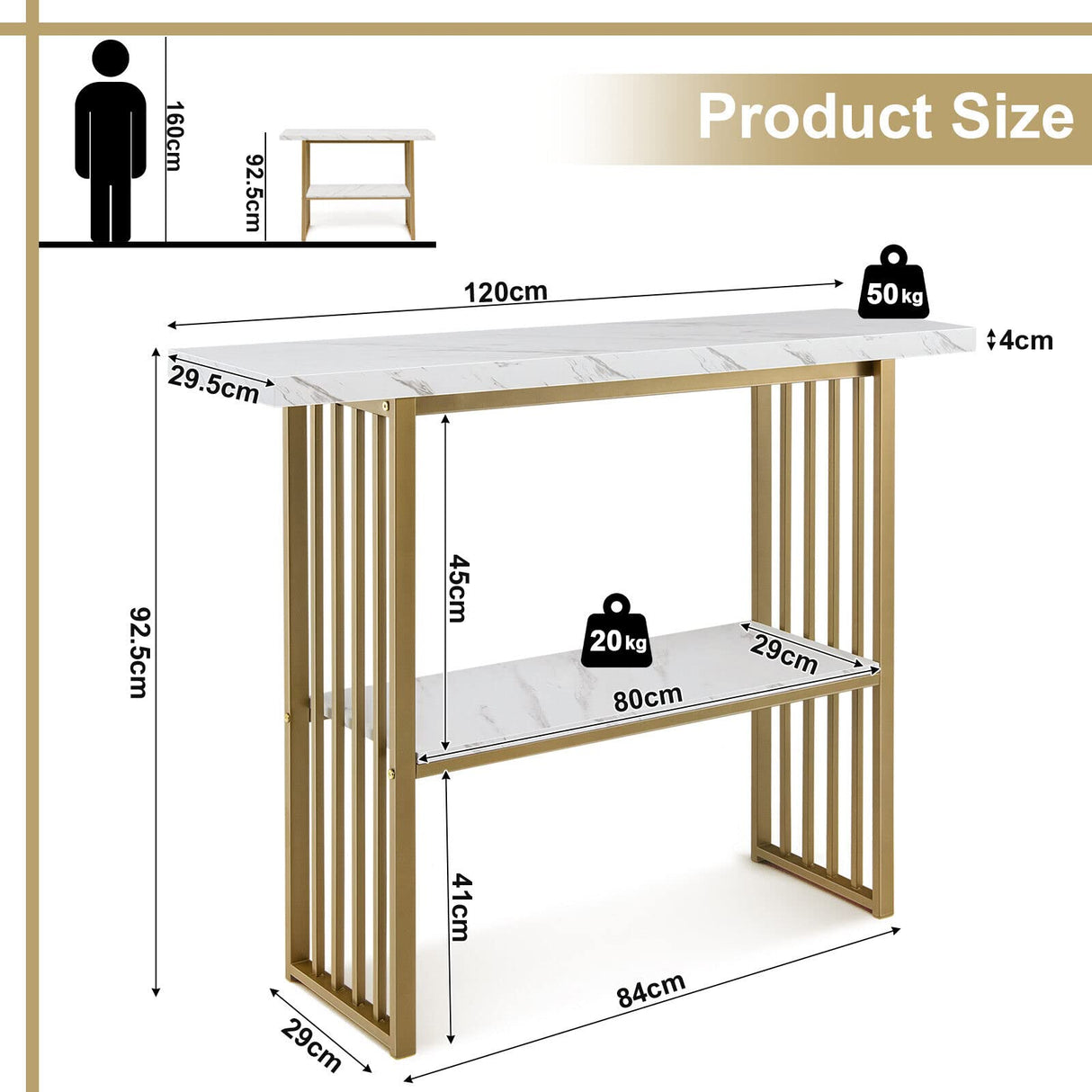 2-Tier Console Table, White Faux Marble Sofa Table w/Open Shelf, Gold Steel Frame, Modern Entryway Table Compact Rectangular Foyer Table, Narrow Couch Table for Living Room, Hallway