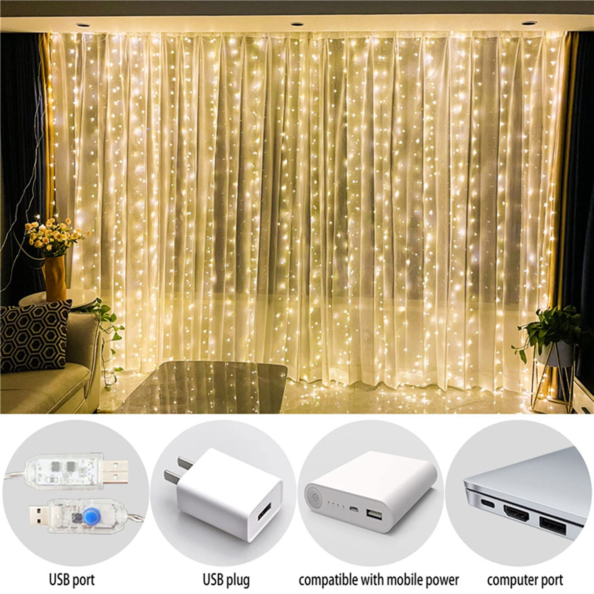 USB Powered Fairy Curtain Lights, TheaPro 300 LED Window Curtain String Light Wedding Party Home Garden Bedroom Outdoor Indoor Wall Decorations