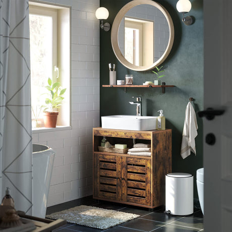 Under Sink Cabinet, Bathroom Vanity Unit, Storage Cupboard, 60 x 30 x 63 cm, with 2 Louvered Doors, Adjustable Shelf, Rustic Brown BBK04BX