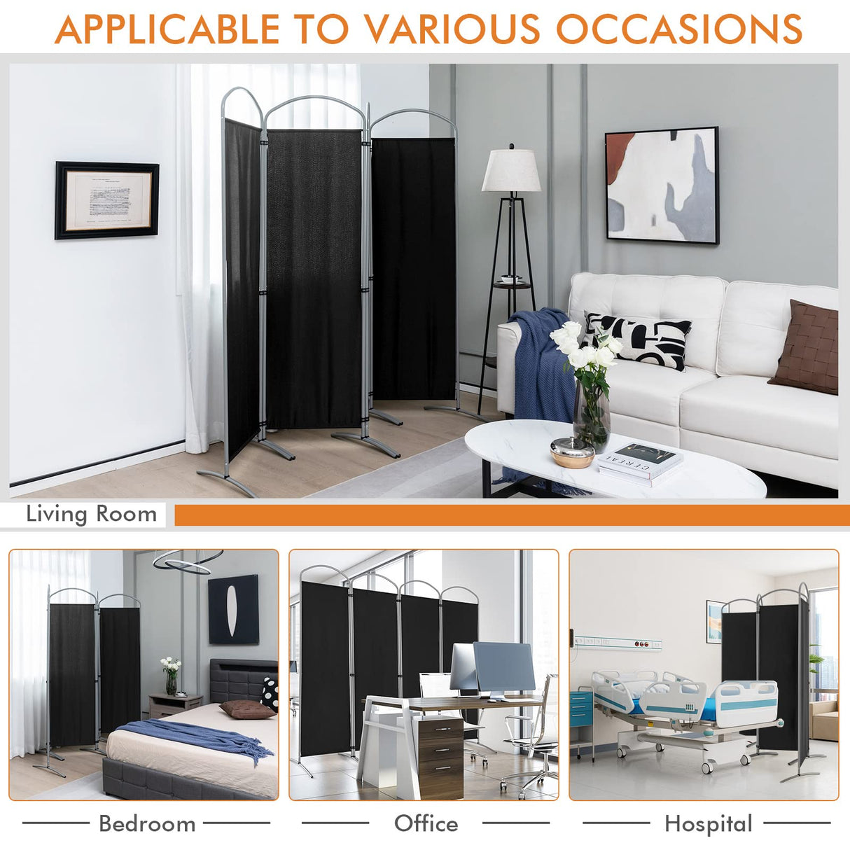 4-Panel Room Divider, Folding Privacy Screen, Portable Polyester Fabric Wall Divider and Separator, Freestanding Privacy Protection for Living Room, Bedroom, Office (Black)