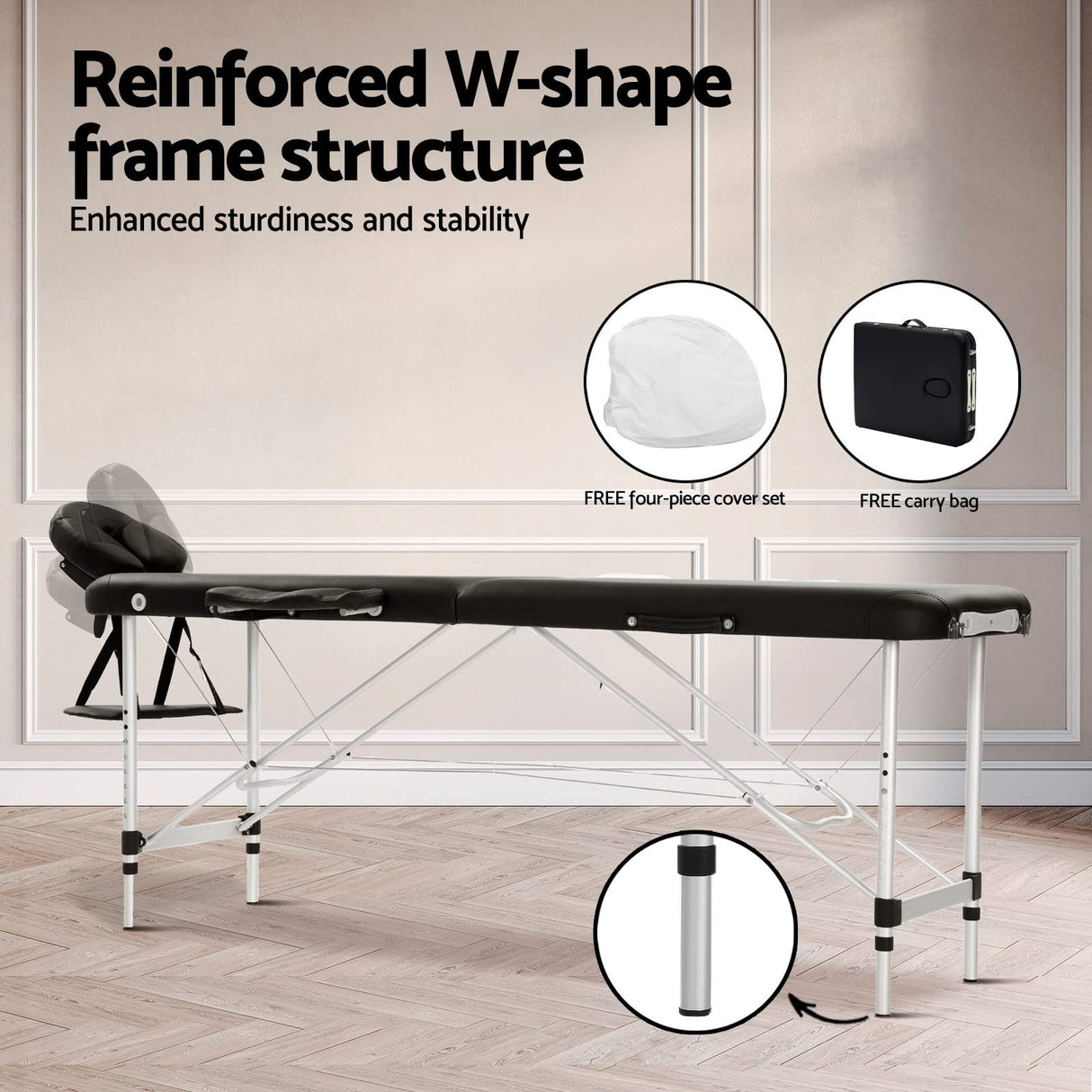 Massage Table 75cm Portable Aluminium 2 Fold Black Treatment Beauty