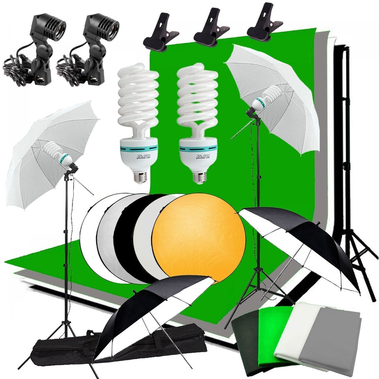 Photography Studio Backdrop Kit 2X 135W Continuous Lighting Kit 4 Umbrellas 4 Backdrops (White,Green,Black,Gray) 2x3m Background Support Stand System