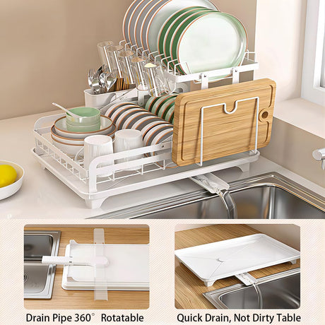 Dish Drying Rack, 2 Tier Large Drying Rack for Kitchen Counter with Drainboard, Multi-Functional Metal Storage Rack with Utensils Holder for Dishes, Bowl, Cups, Cutting Board (White)