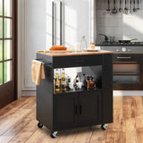 Kitchen Island Trolley, Rolling Kitchen Serving Trolley w/ 3 Spice Racks, Drawer, Open Shelf & Large Cabinet, Portable Workbench Utility Storage Cart w/Towel Rack & 2 Lockable Casters, Black