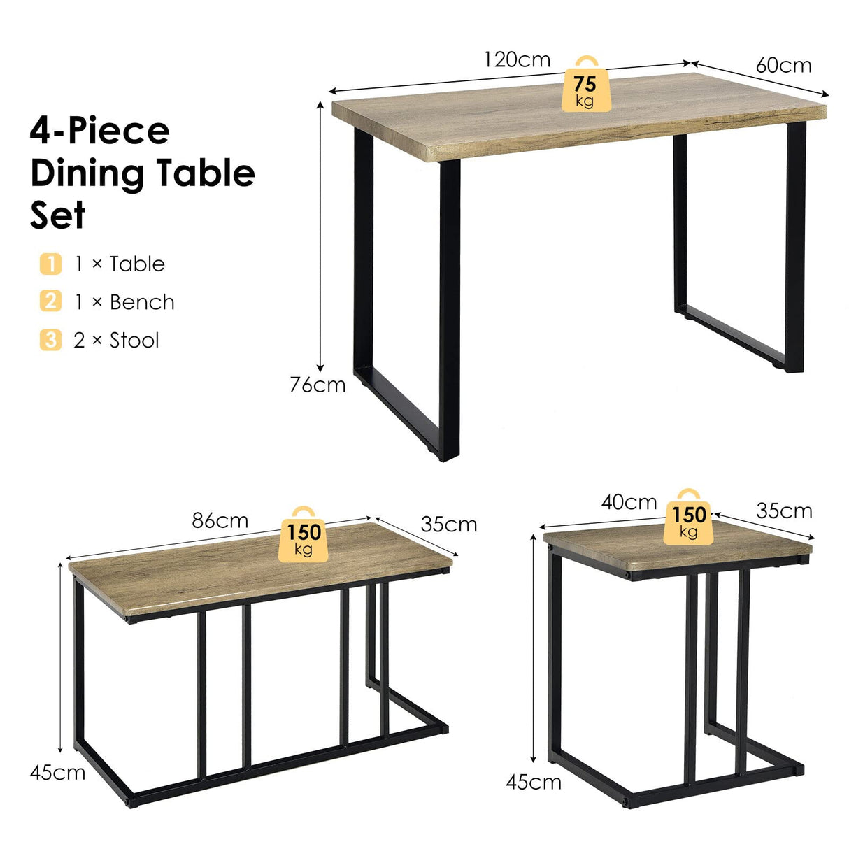 4 Piece Dining Table Set, Modern Kitchen Counter Height Table Set for 4 with Bench & Stools, Sturdy Iron Structure, Space-Saving Furniture Set for Home Pub Breakfast Nook, Oak Grey