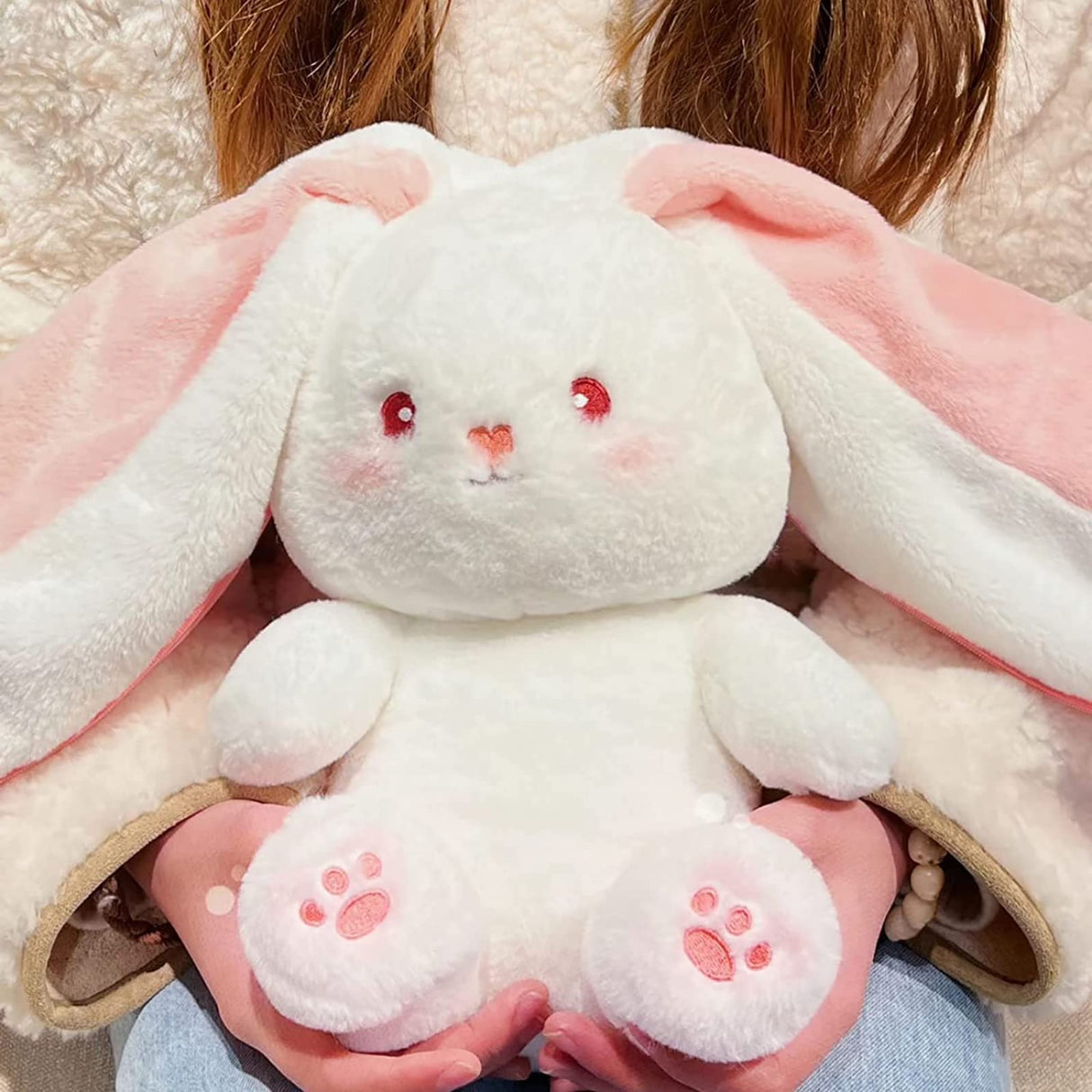 Bunny Stuffed Animal Reversible Cuddle Bunny Stuffed,Strawberry Bunny Transformed Rabbit Plush Zipper,Carrot That Turns Into Ears Bunnies Plushies Toy Cute Stuffy Doll Easter Girlfriend Gift