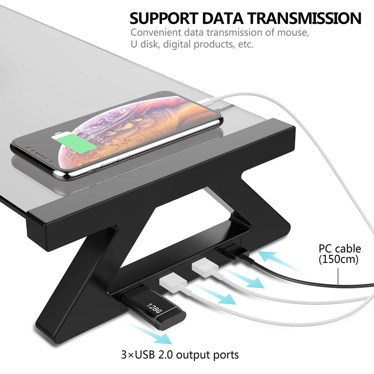 Glass Monitor Stand Riser with USB Port High-Speed Transfer Data Charge, for iMac,Screen,Computer,PC, Desk Organizers and Accessories，Desk Organizer Keyboard