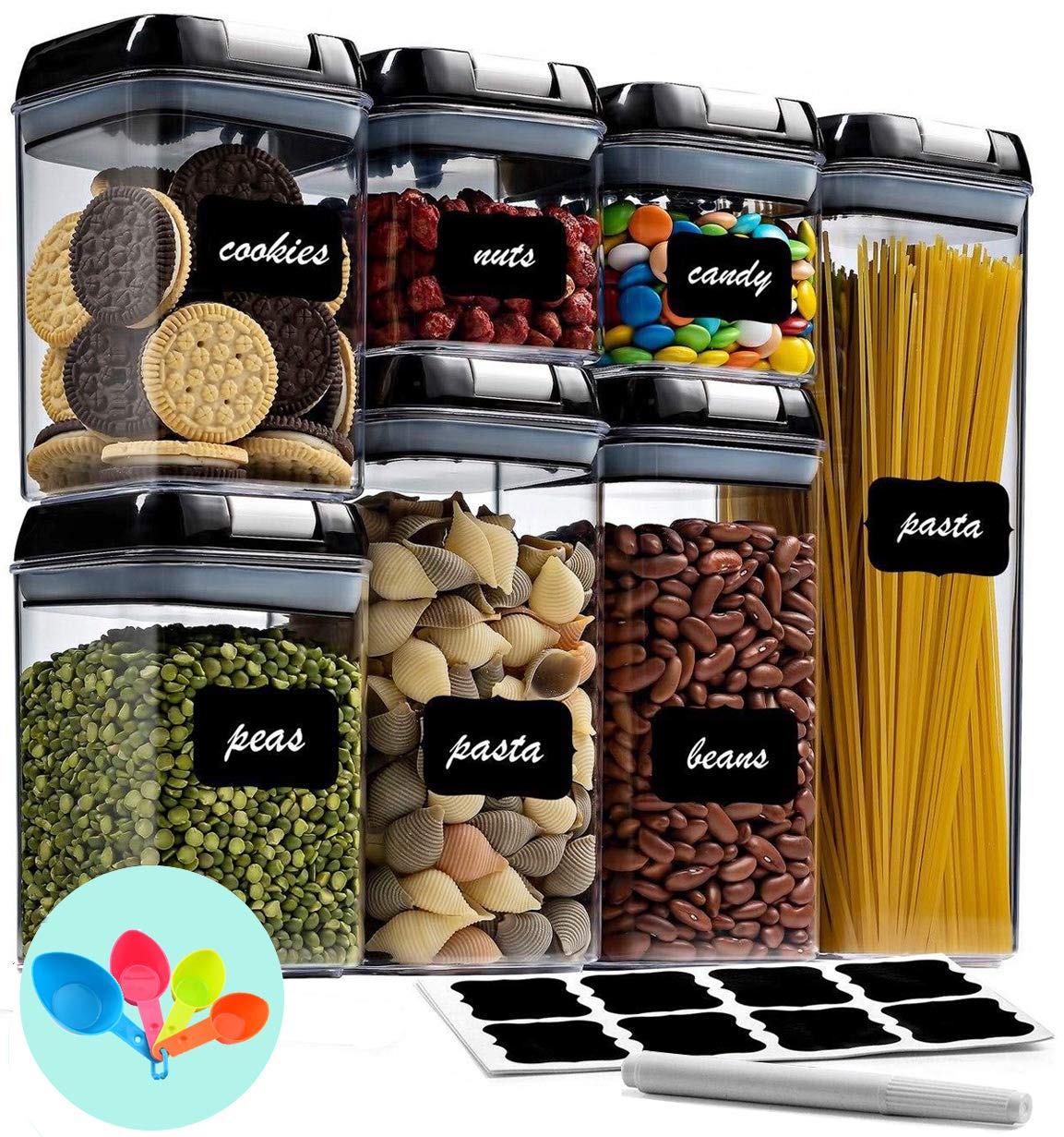 Airtight Food Storage Container Set，7 Pieces BPA Free Plastic Kitchen Organization and Storage with Easy Lock Black Lids Labels/Spoons/Pen，for Dry Food, Flour, Sugar, Pasta, Cereal