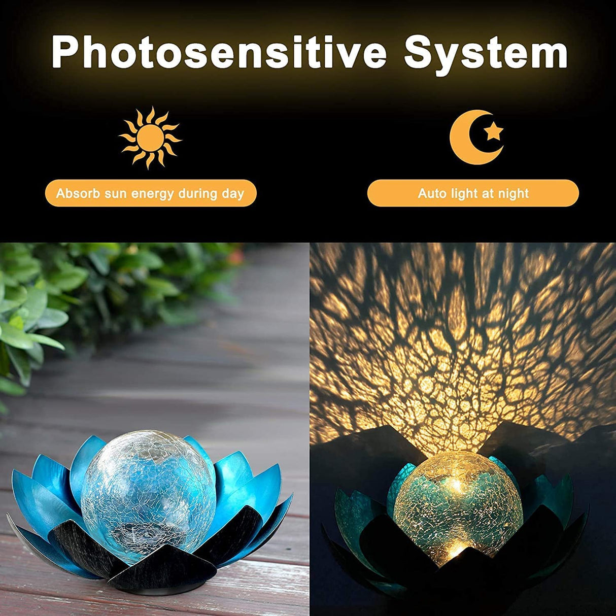 Solar Lights Outdoor Garden, Crackle Globe Glass Lotus Decoration, Waterproof LED Metal Flower Lights for Patio,Lawn,Walkway,Tabletop,Ground