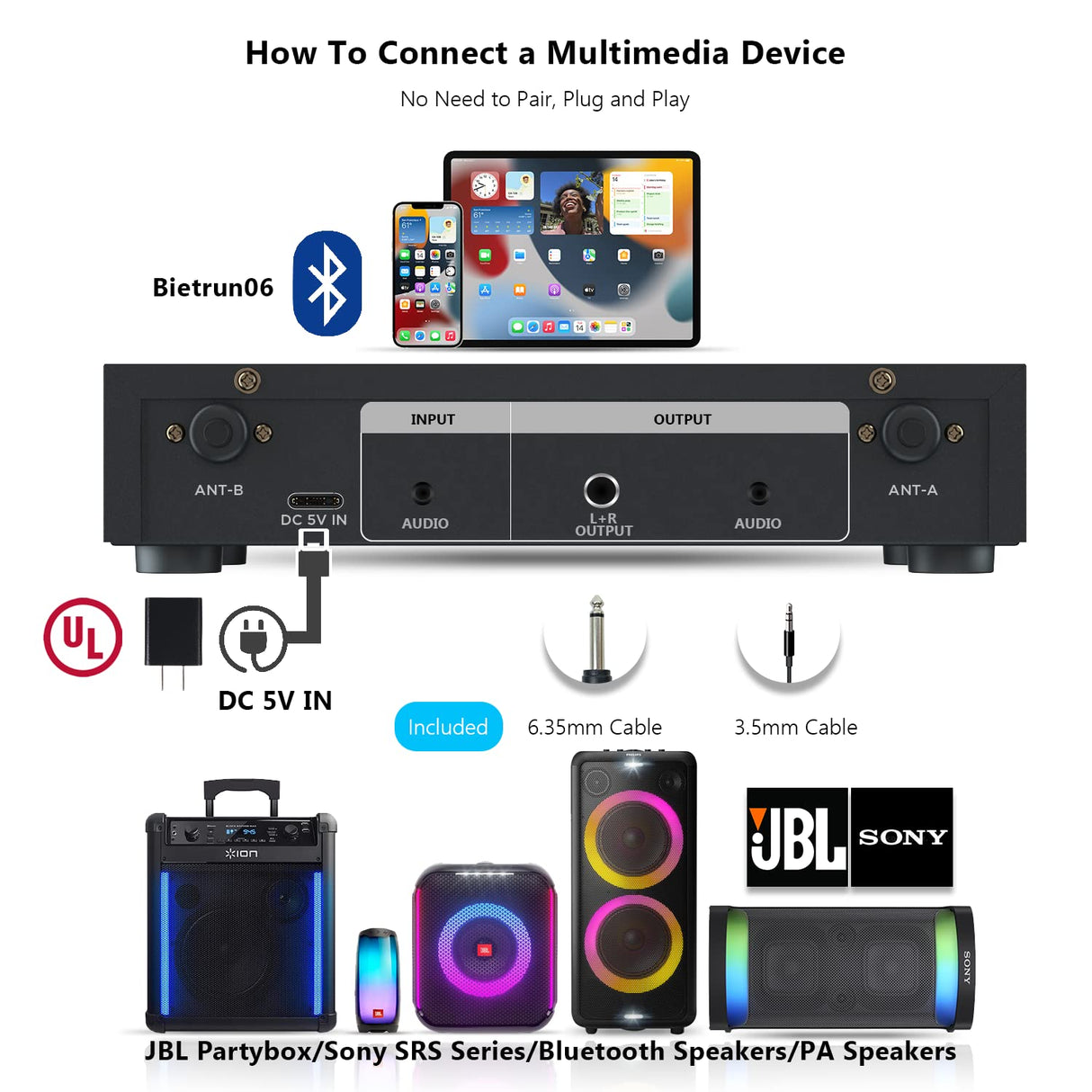 Wireless Microphones with Echo, Easy-to-Use, Auto Connect, 160 ft Range, 1/8''＆1/4''Output, UHF Dual Channel Cordless Handheld Dynamic Mics System for Church,Wedding, Karaoke, Speech, Singing