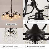 7 Lights Crystal Chandelier, Industrial Farmhouse Chandeliers,Metal Black Pendant Light Dining Room Light Fixture for Kitchen Island Living Room Hallway Bedroom