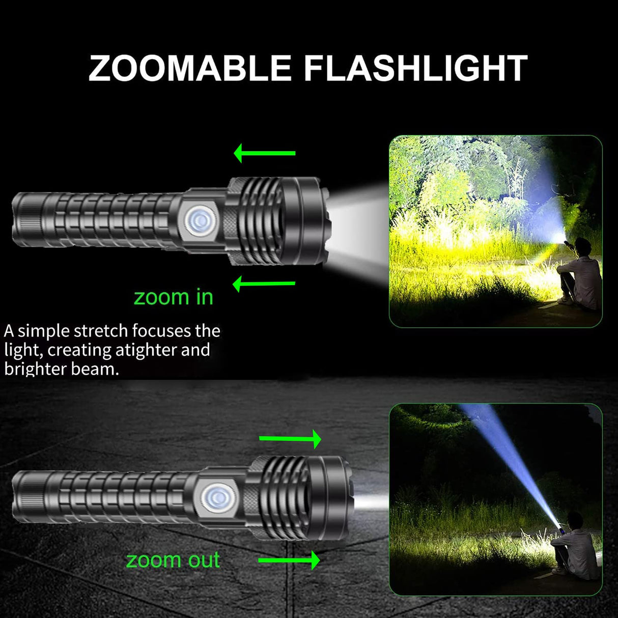 Rechargeable LED Flashlight High Lumens Flashlight Zoomable Waterproof LED Flashlight with 18650 Rechargeable Battery, 2200 Lumens 3 Modes Zoomable Flashlight for Camping Hiking