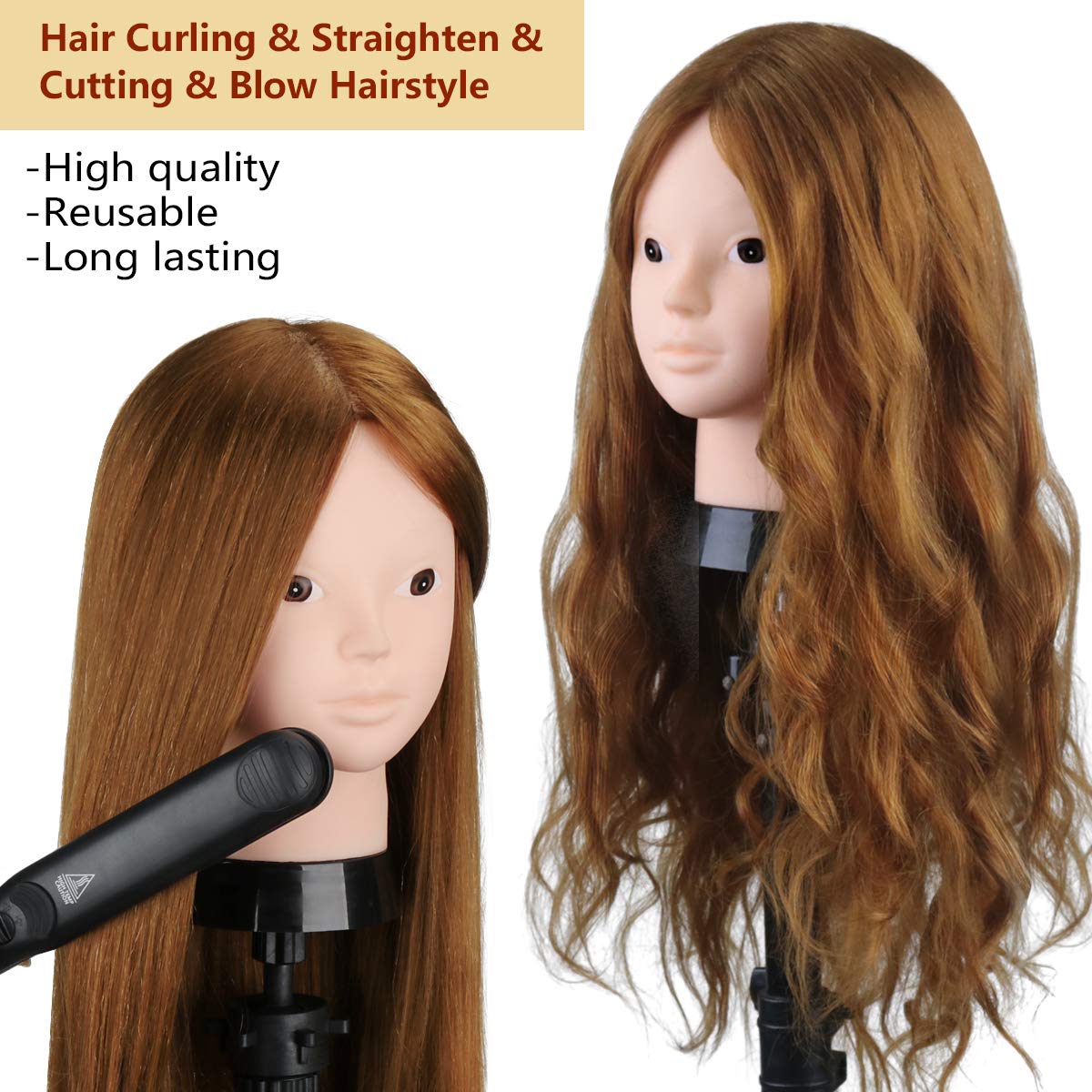 Beauty Star-Mannequin Head with 80% Real Human Hair, Mannequin Head with hair, Manikin Doll Head for Hair Styling with Table Clamp Holder + DIY Hair Styling Braid Set, Cosmetology Makeup Hairdressing Training Head ( Long 23.5inch, Light Brown )