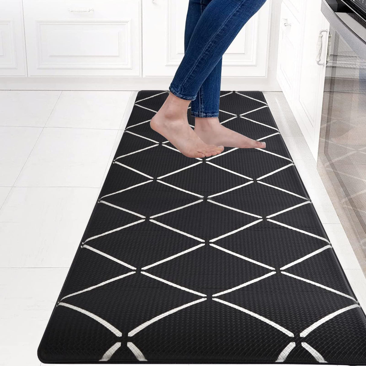 Non Slip Kitchen Floor Mat Anti-Fatigue Waterproof Home Floor Rug PVC Ergonomic Comfort Mat Relieve Plantar Pressure for Long Standing People(Black, 45cm x 180cm)