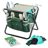 Garden Tools Set 11 Piece Gardening Tools Kit with Folding Stool for Women & Men, Garden Tools Set with 6 Hand Tools, Garden Storage Tote, Watering Pot,Garden Gloves and Garden Twist Tie