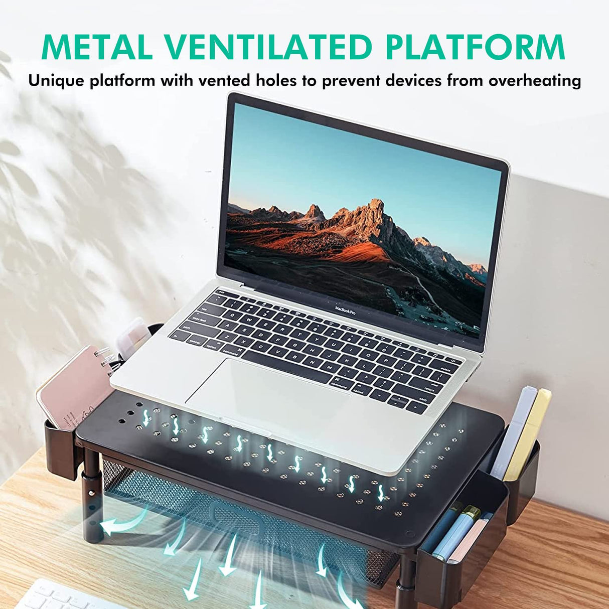 Monitor Stand Riser Drawer, Computer Monitor Stand Desktop Organizer, Height Adjustable Desk Shelf Stand, Desk Accessories with Phone Holder & Pen Holder Metal for Office,Printer/PC/Tablet/Laptop