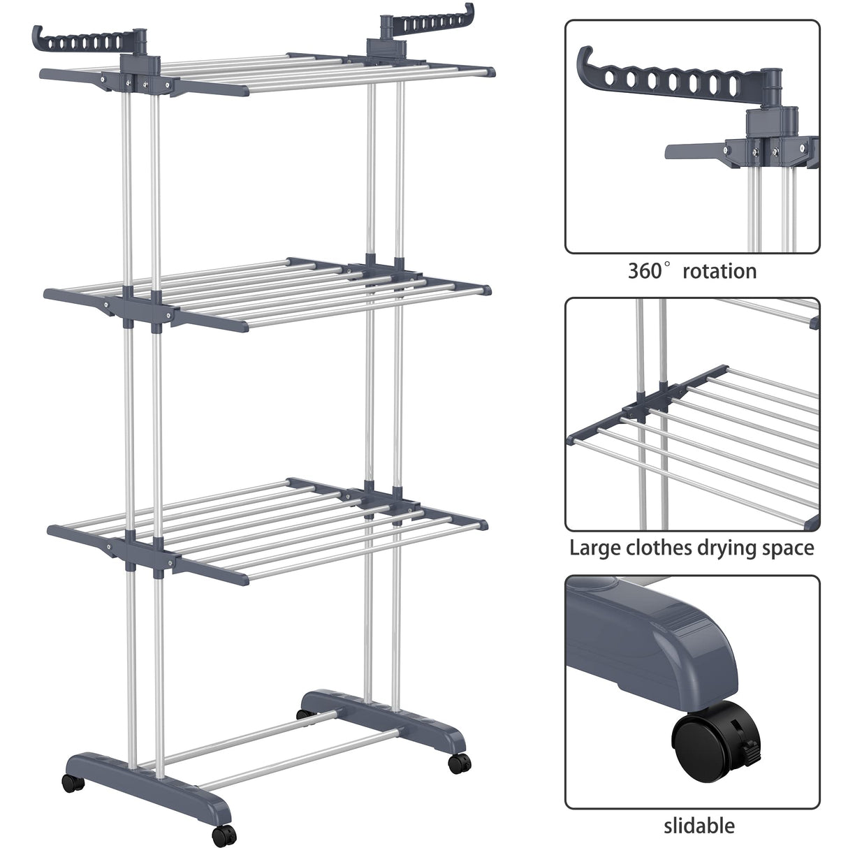 Clothes Drying Rack, Oversized 4-Tier(67.7" High) Foldable Stainless Steel Drying Rack Clothing, Movable Drying Rack with 4 castors, 24 Drying Poles & 14 Hooks for Bed Linen, Clothing, Grey