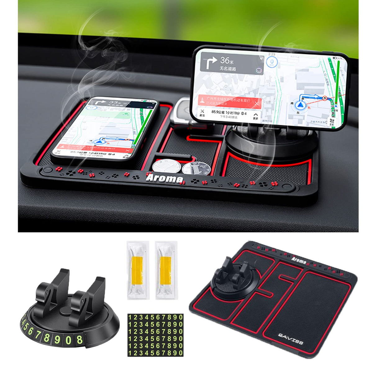 Non-Slip Phone Pad for 4-in-1 Car, 2022 New Multifunctional Anti-Slip Rubber Pad for Car Dashboard,Universal 360°Rotation Car Phone Holder,with Temporary Parking Number, Aromatherapy