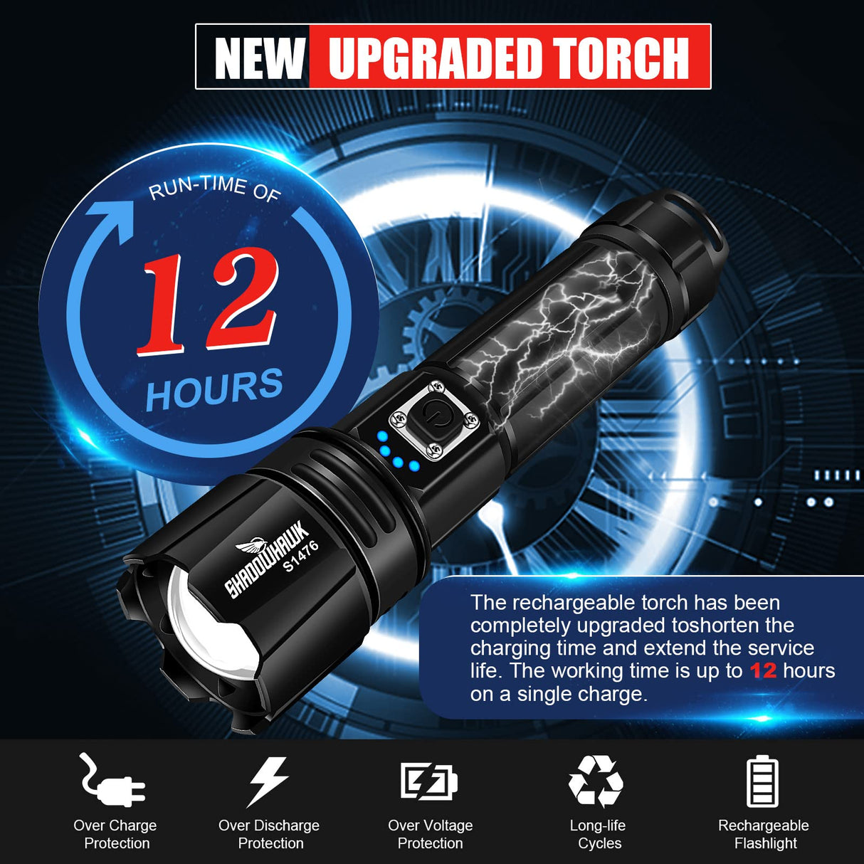 LED Torch Rechargeable Flashlight with High Lumens, Shadowhawk 10000 Lumen XHP70.2 Super Bright Torch, High Powered Torches, Powerful Handheld Tactical Flashlight for Emergency Camping Hiking Gift