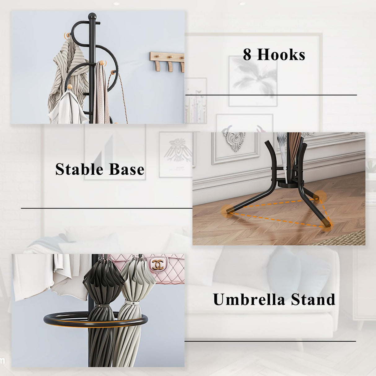 Wisdom Star Coat Racks Freestanding with Umbrella Holder, 8 Hooks Coat Hanger Stand for Entryway, S Shape Coat Tree Coat Hanger Stand Umbrella Holder Stand Can be Hang Clothes, Black