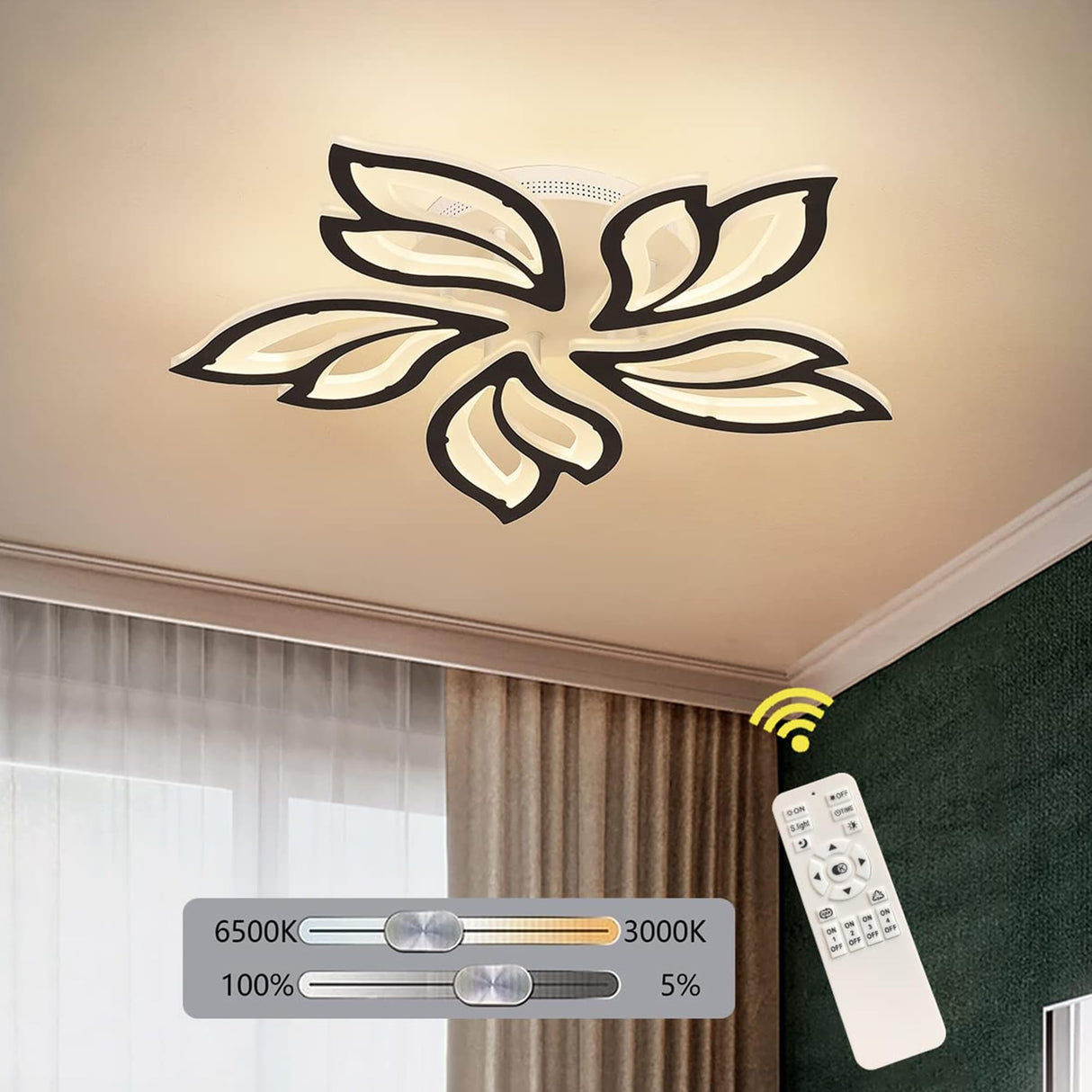 Modern Ceiling Light Dimmable LED Chandelier Flush Mount Ceiling Lights with Remote Control Black Acrylic Leaf Ceiling Lamp Fixture for Living Room Dining Room Bedroom 60W