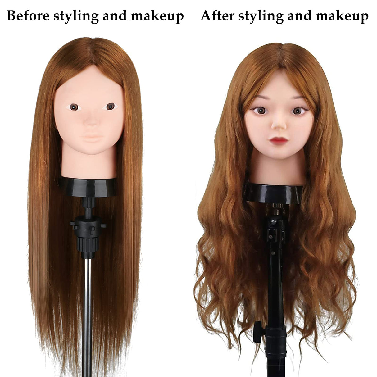 Beauty Star-Mannequin Head with 80% Real Human Hair, Mannequin Head with hair, Manikin Doll Head for Hair Styling with Table Clamp Holder + DIY Hair Styling Braid Set, Cosmetology Makeup Hairdressing Training Head ( Long 23.5inch, Light Brown )