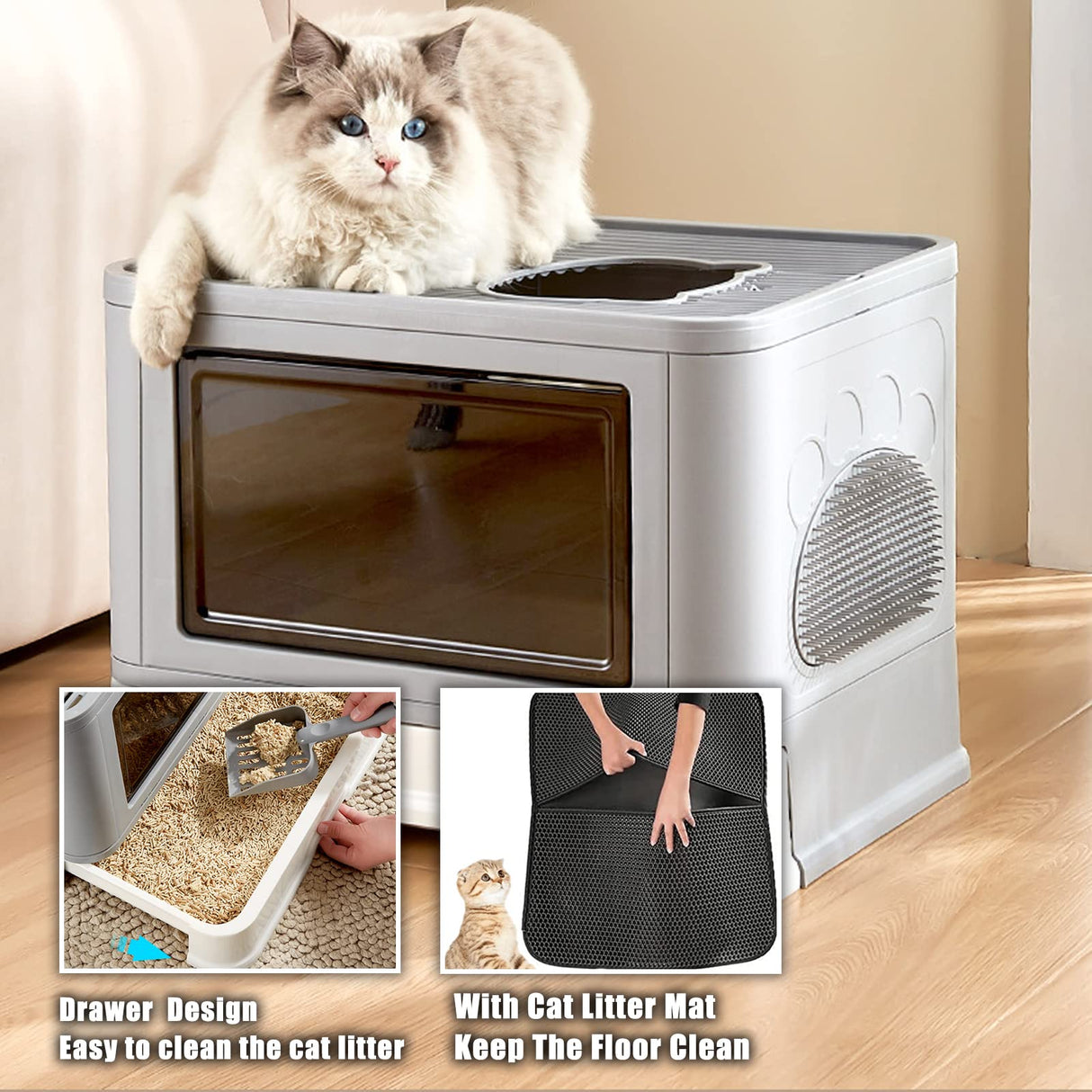 Cat Litter Box, Extra Large Litter Box, Foldable Top Exit Pet Boxes, Anti-Splashing Cat Kitty Litter Pan Easy Cleaning and Scoop | with Cat Litter Mat Litter Scoop Nail Clippers Pet Lint Roller