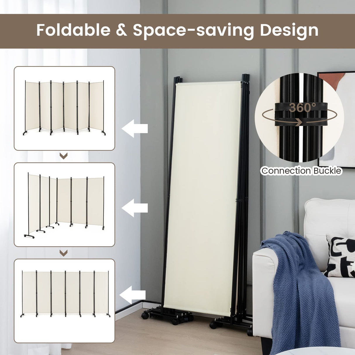 6-Panel Folding Room Divider, 1.72m Rolling Privacy Screen with Lockable Wheels, Portable Wall Divider and Separator, Freestanding Privacy Protection for Living Room, Bedroom, Office