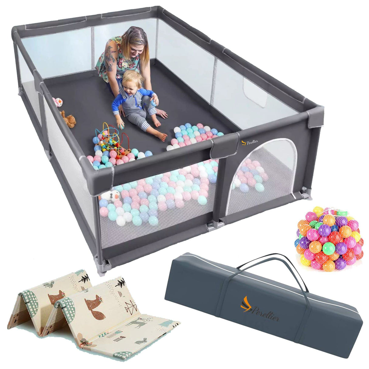 Perellier Playpen with Pit Balls, Folding Playmat and storage bag, large 2m x 1.8m floor area with 65cm walls. Sturdy construction, zippered door and oxford fabric mesh panels so you can keep an eye on every part of the Playpen and will allow children to