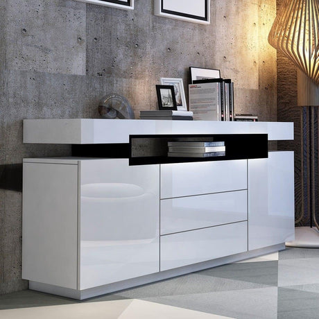 Buffet Sideboard Cabinet Storage High Gloss Front with 2 Doors & 3 Drawers Bedroom Living Room Furniture White 160CM