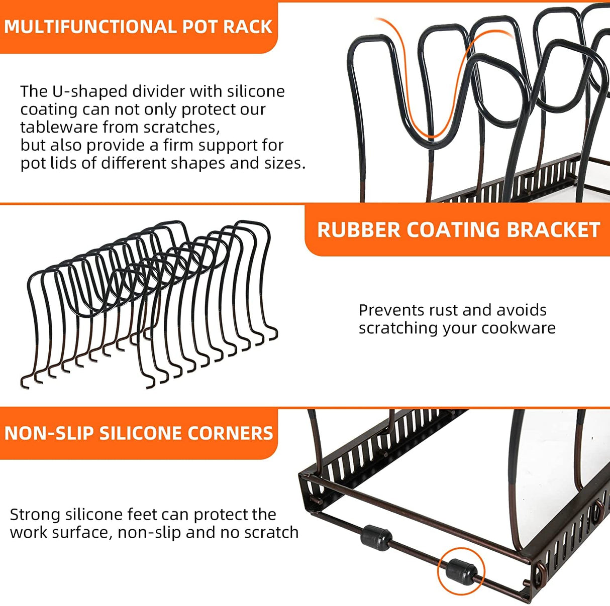 Expandable Pans Organizer Rack, 10 Adjustable Compartments, Cookware Holder for Pantry or Cabinet, Brown (Pan Rack)