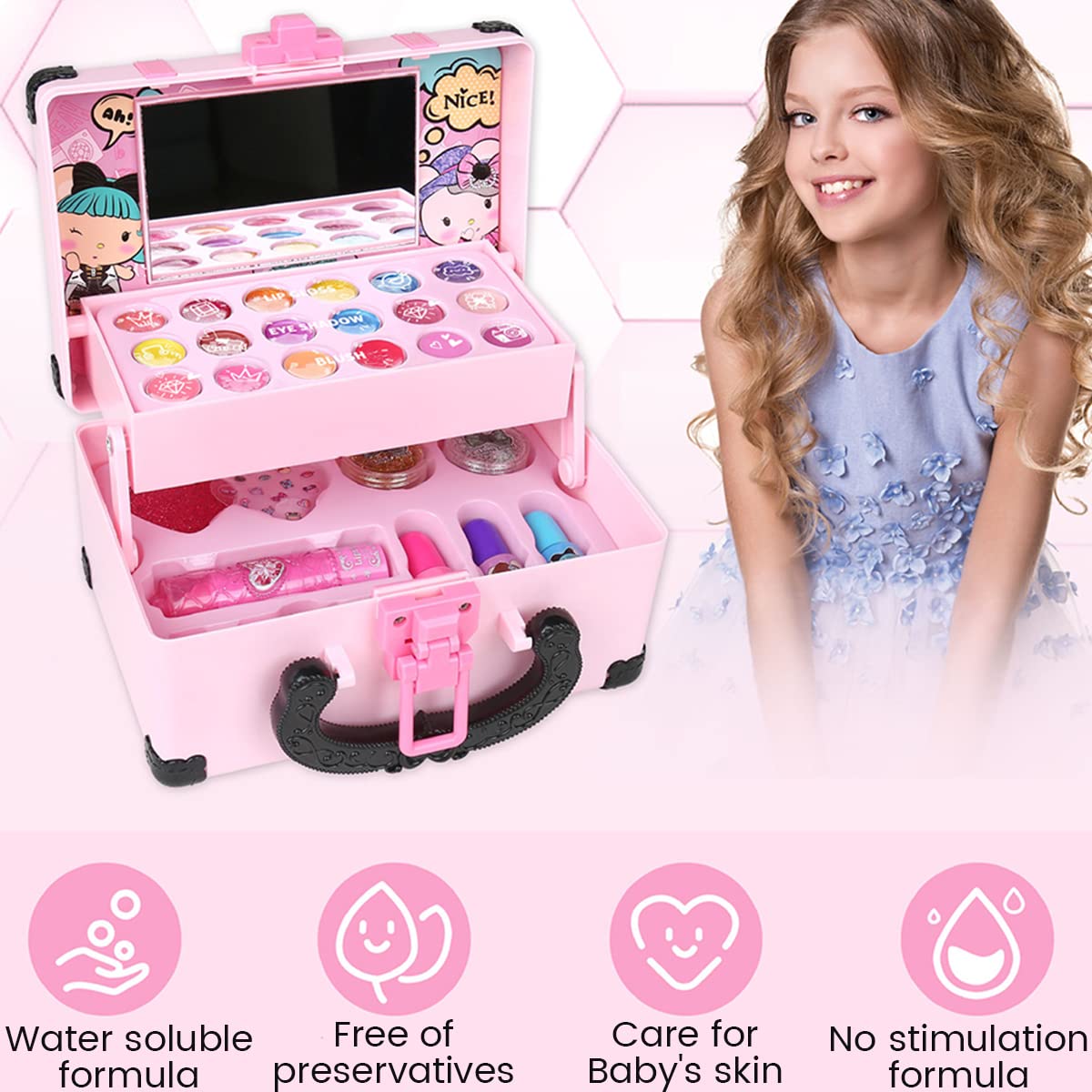 33PCS Kids Makeup Toy Kit, Washable Princess Pretend Play Makeup Beauty Toy Set Real Cosmetic, Safe & Non-Toxic Portable Makeup Box for Girls Over 3 Years Old