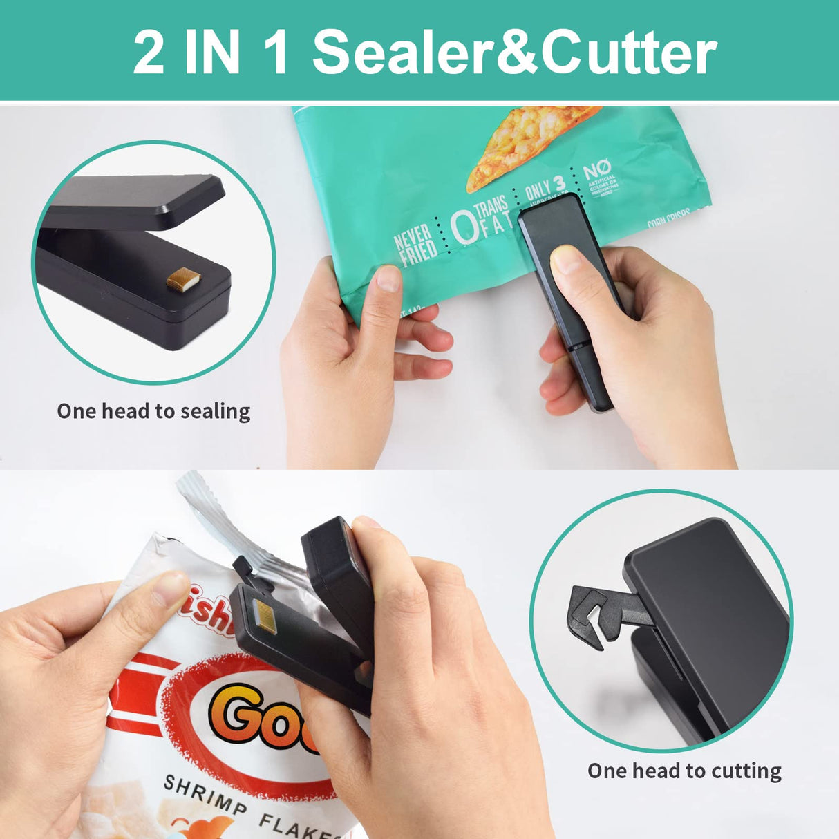 Mini Bag Sealer Heat Seal, Rechargeable Smart Bag Sealers for Plastic Bags, Portable Small Heated Sealer Reseal Bags for Snack Chips, 2 in 1 Portable Bags Sealer Handheld and Cutter, Black