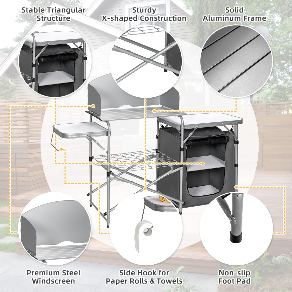 Outdoor Camping Table with Storage, Aluminium Folding Camp Kitchen with Windscreen, Zippered Storage Bag, Carrying Bag, Lightweight & Portable Picnic Grill Table for BBQ, Camping(Grey)