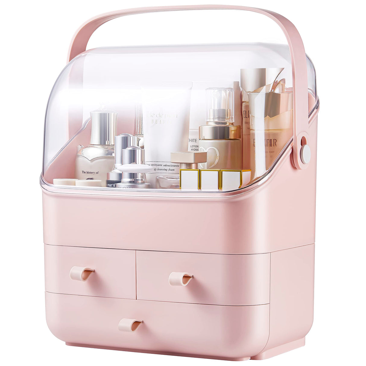 Pink Makeup Organizer Holder Cosmetic Storage Box with Dust Free Cover Portable Handle,Fully Open Waterproof Lid, Dust Proof Drawers,Great for Bathroom Countertop Bedroom Dresser