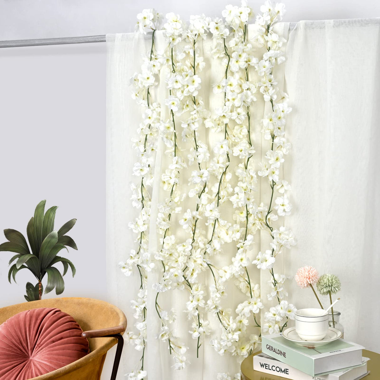 Boutique 4-Pack 23.6Ft Cherry Blossom Garland Cherry Blossom Hanging Vine Silk Sakura Vines Garland for Wedding Party Decor , White