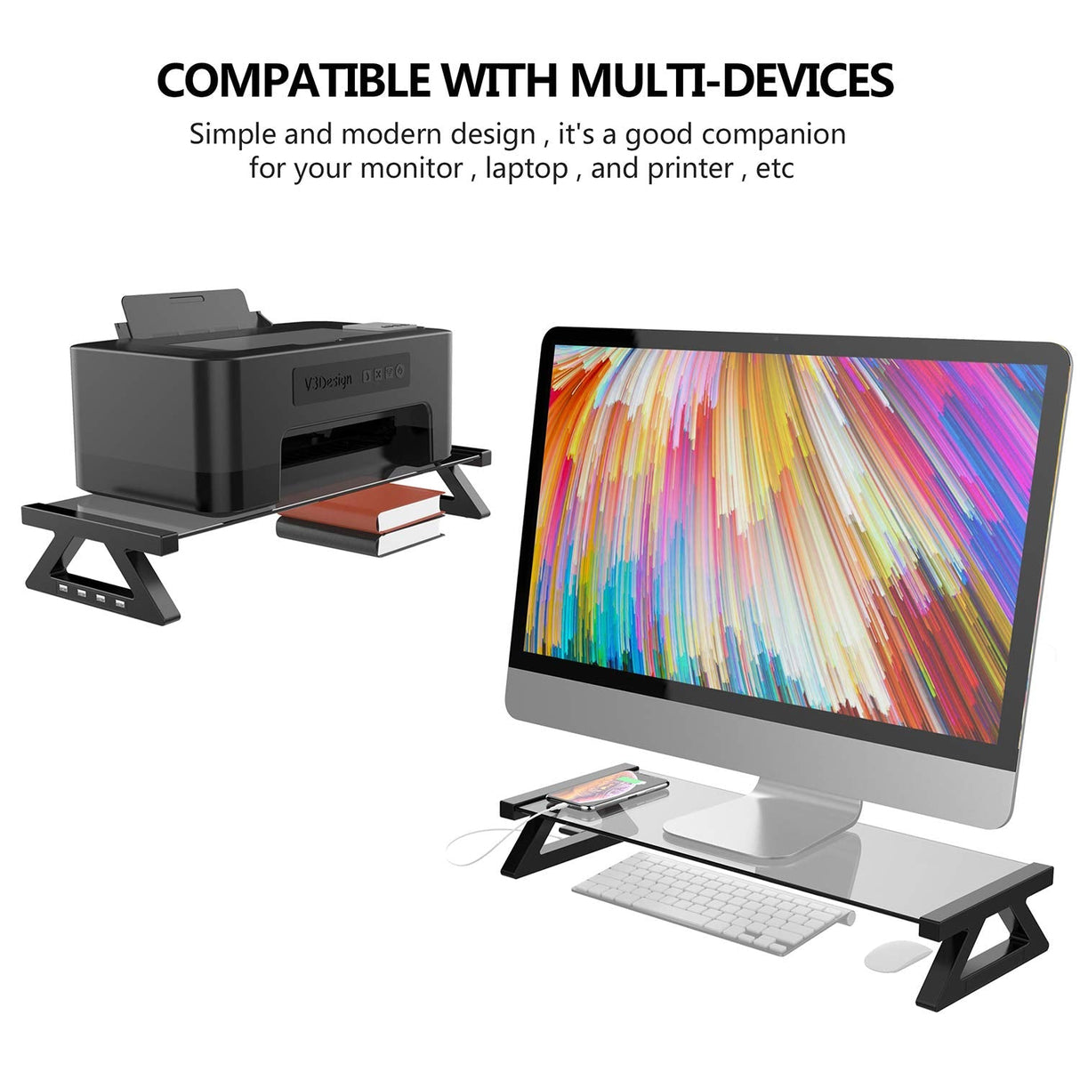 Glass Monitor Stand Riser with USB Port High-Speed Transfer Data Charge, for iMac,Screen,Computer,PC, Desk Organizers and Accessories，Desk Organizer Keyboard