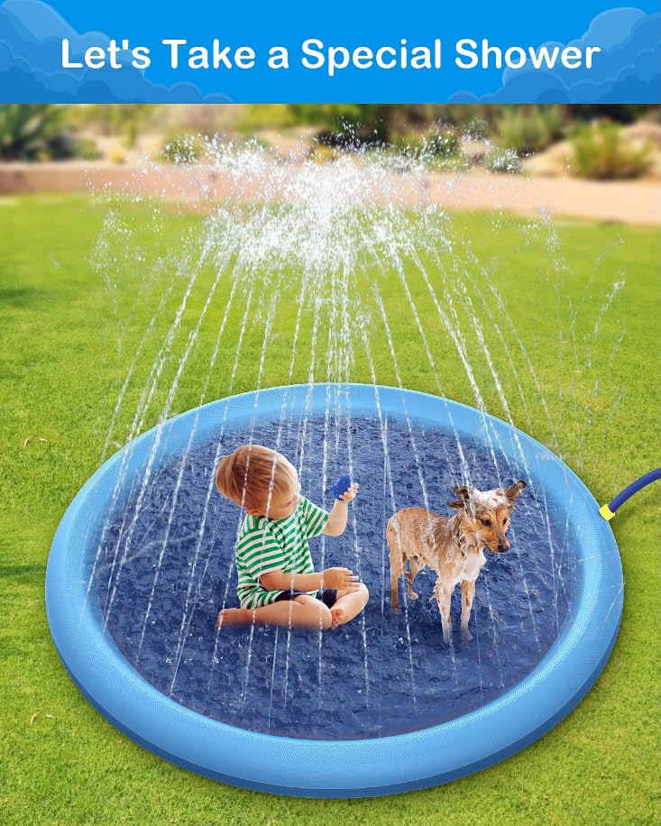 Non-Slip Splash Pad for Kids and Dog,Sprinkler & Splash Play Mat,Dog Pool Summer Outdoor Water Toys Backyard Durable Splash Pad for Toddlers Kids Small Medium Large Dogs Pets-Blue