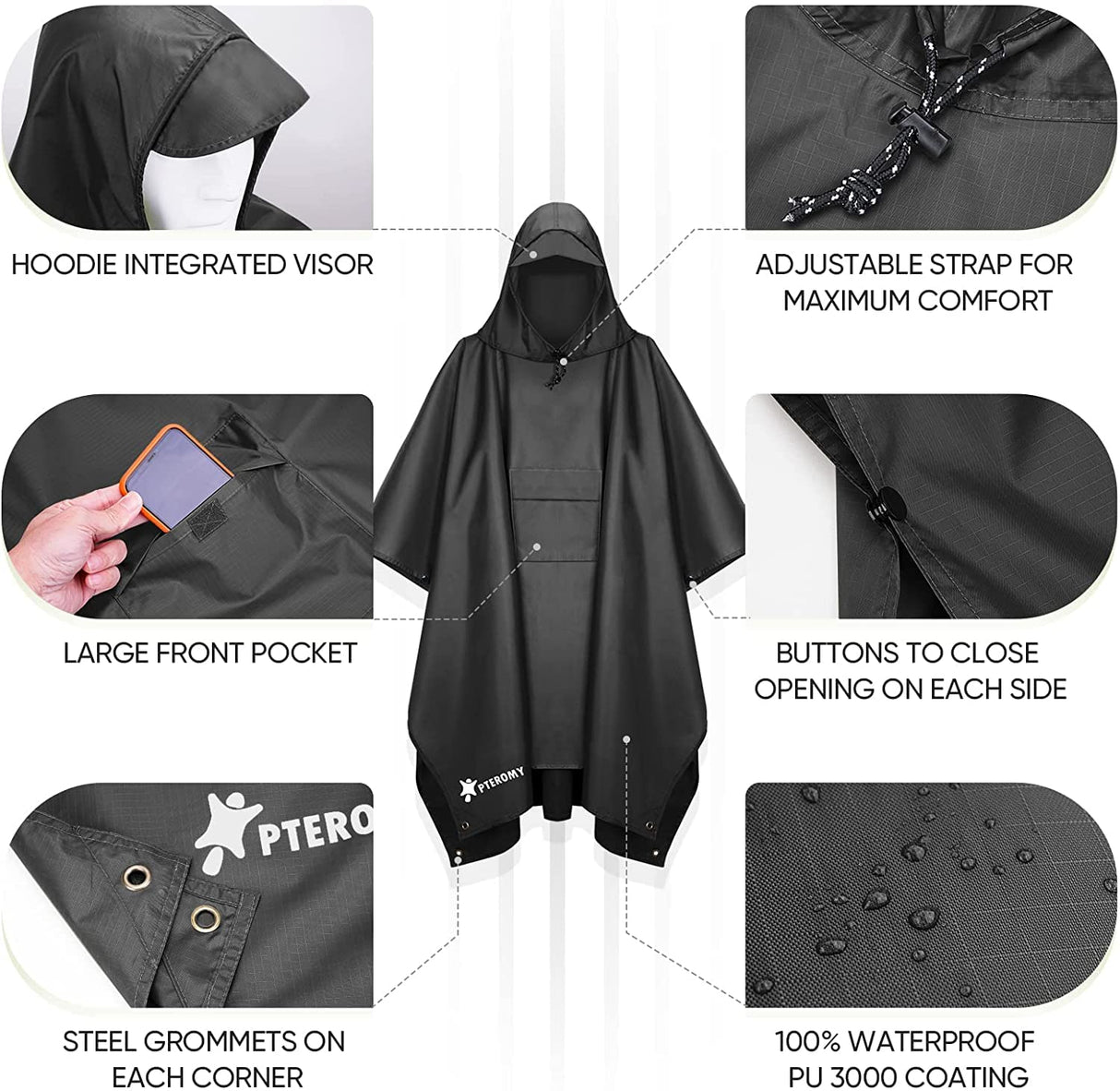 Hooded Rain Poncho Waterproof Raincoat Jacket for Men Women Adults Waterproof Lightweight Raincoat for Hiking Camping Emergency