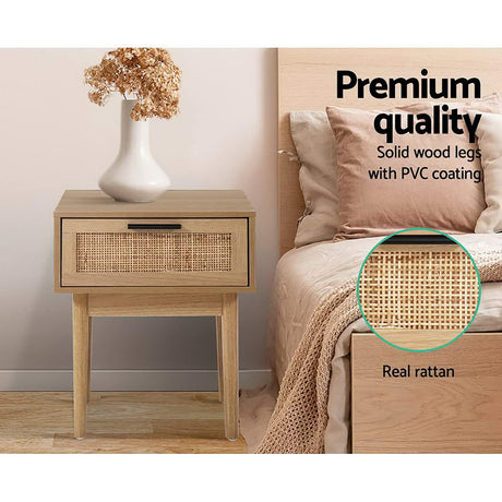 Bedside Table Rattan Board Bed Side Tables Storage Small Narrow Desk Chest of Drawers, with 1 Drawer, Bedroom Furniture Tallboy Lamp Stand Nightstand Cabinet in 50cm Height