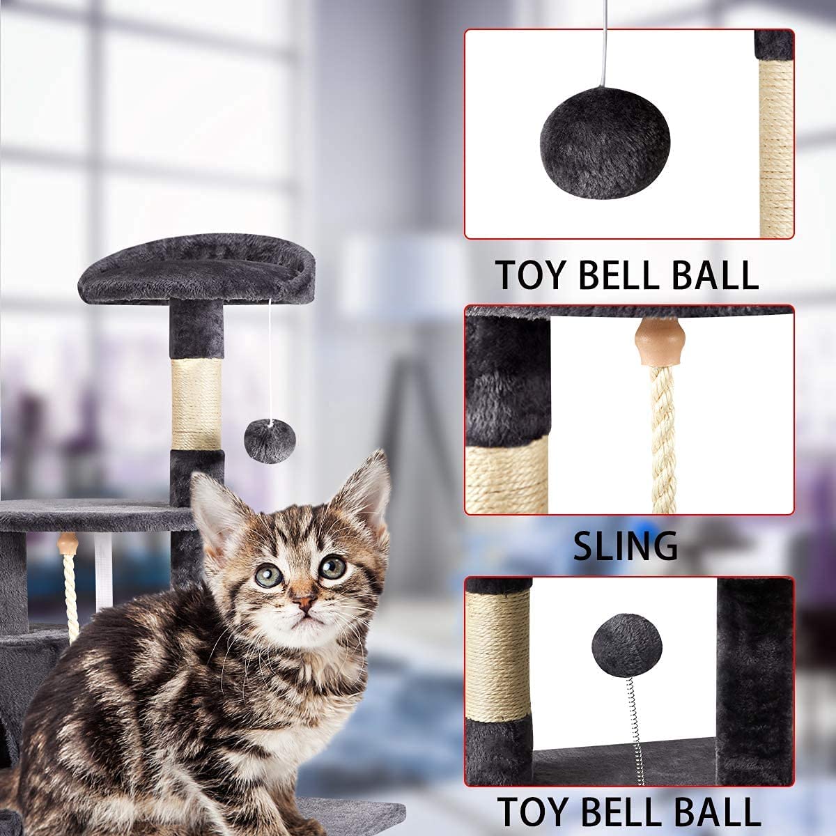 Multi-Level Cat Tree Tower Condo with Cat Scratching Post Cozy Hammock and Baskets,Kitty Activity Center Kitten Play House, Cat Tower Furniture for Kitty (Cat Tree B, Grey)