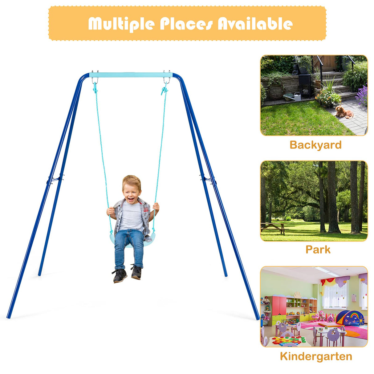 Kids Swing Set, A-Frame Swing Sets for Backyard w/Ground Stakes, Non-Slip Seat, Kids Swing Frame Stand with Swing Seat Great for Indoor Outdoor Garden Playground (Blue)