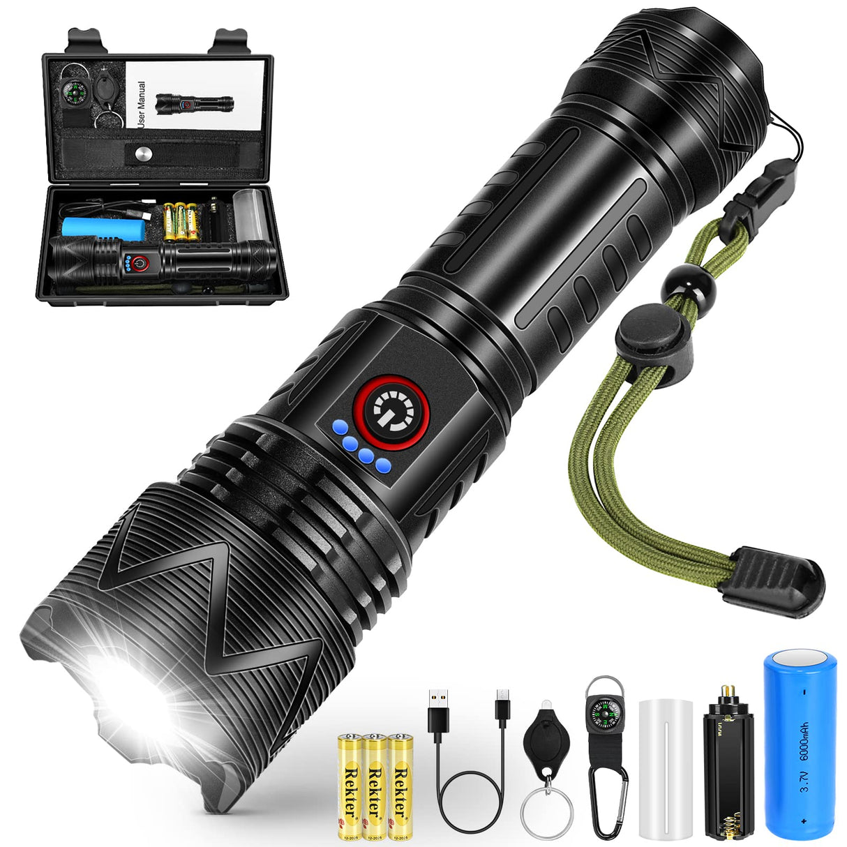 LED Flashlight 10000 High Lumen Flashlight 6000 mAh USB Rechargeable Flashlight XHP70.2 Super Bright Flashlight IP67 Waterproof Zoomable Tactical Flashlight with 5 Lighting Modes for Emergency Camping Hiking