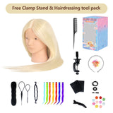 26'' Mannequin Head with Hair, 80% Real Human Hair Hairdresser Practice Training Head Cosmetology Mannequin Manikin Doll Head with Table Clamp Holder + DIY Hair Styling Braid Set (Blonde, No Makeup)