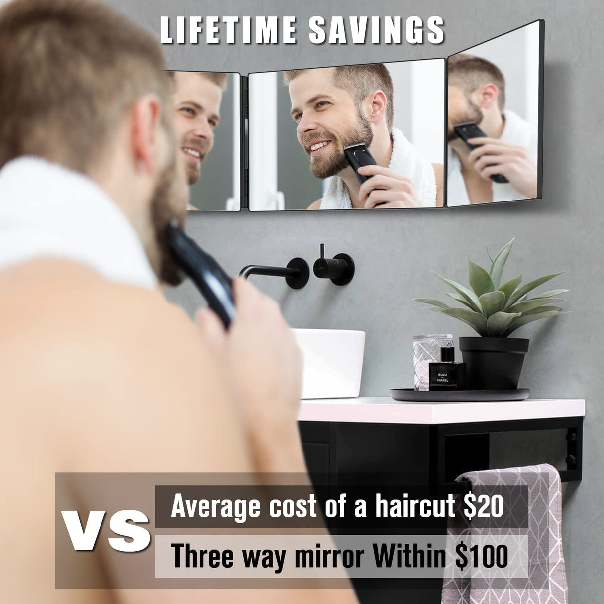 3 Way Makeup Mirror with 10X Magnified Mirror, Trifold 3 Way 360 Mirror for Cutting Hair | 3 Mirror Selfcut System- Portable DIY Haircut Tool (Black)